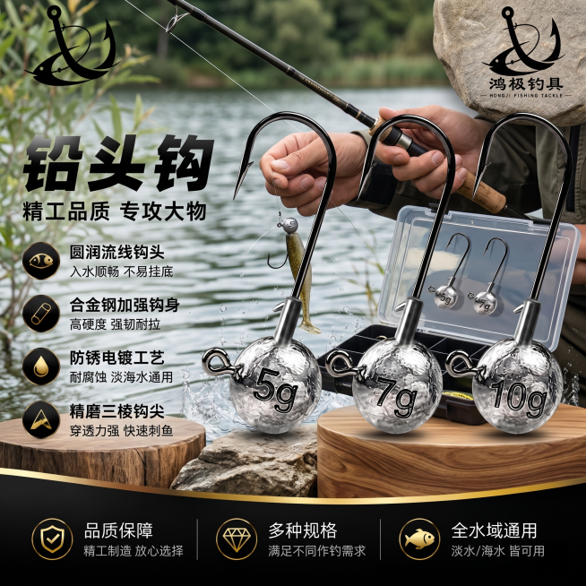 1:1 竖版户外实景主图，自然纪实高级排版，严格还原上传的鸿极钓具铅头钩产品图，包括包装设计、颜色、LOGO 位置、文字内容、图案元素等所有细节，尺寸比例保持 1:1。高清户外路亚垂钓实景画面，钓友实预览效果