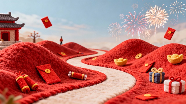图片风格为 「3D渲染」，下部分红短毛毛毯短毛毡毛毯，质感好的短毛毡毛毯，短毛毛毡起伏的形状像山，弯曲的毛毡像路的角度从左边向右弯曲下来，毛毯上散落着毛毡红包，毛毡爆竹，毛毡元宝，毛毡礼物盒，背景虚化天空上烟花，在最左侧再增加（古风过年氛围毡材质质感强一点的建筑，单独的建筑元素，不要人物，）整体为毛毡材质，颜色鲜亮，比例 「16:9」