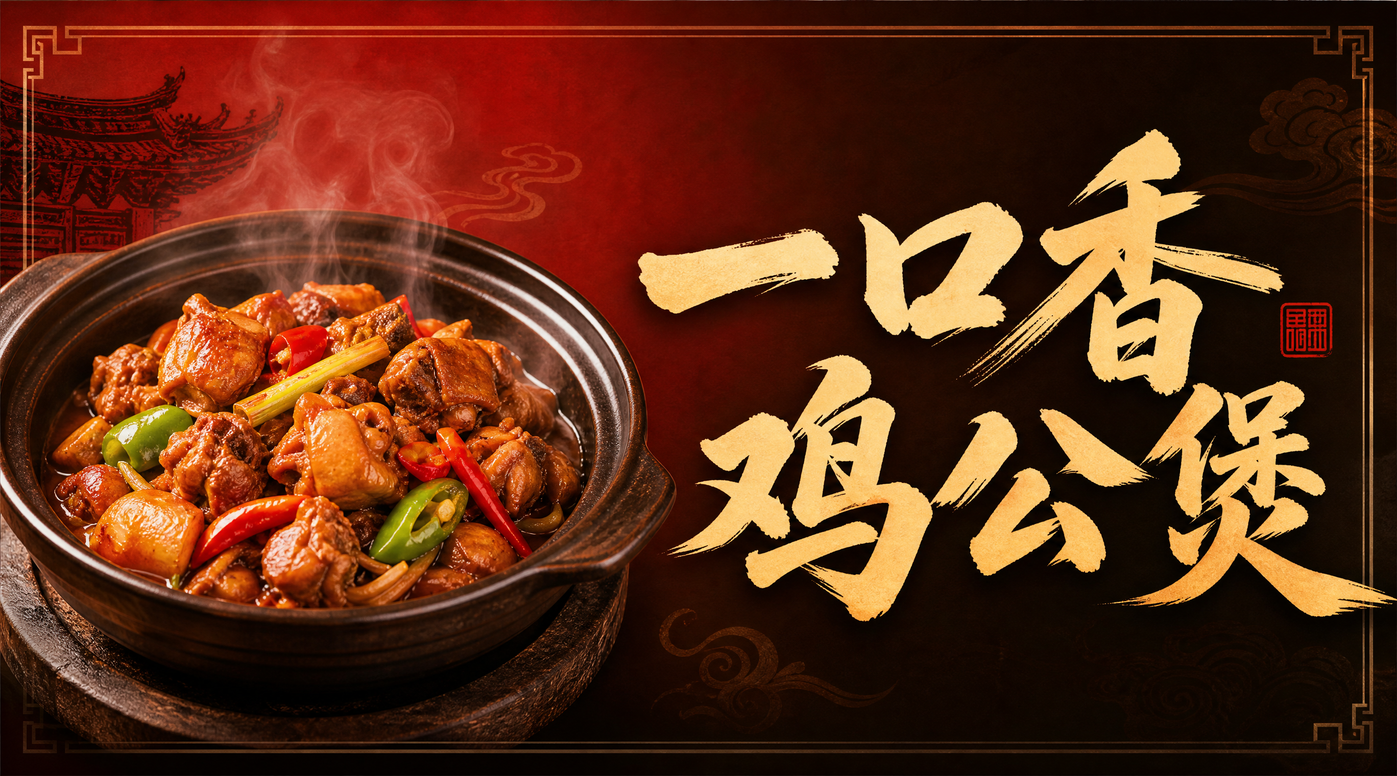 餐饮店铺店招设计，店名"一口香鸡公煲"，横版构图，左侧为热气腾… - 图片创意预览
