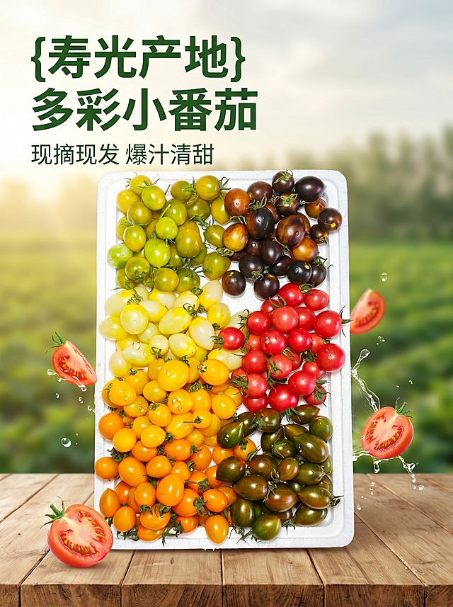 [主图 1] 寿光多色小番茄首图，食欲感生鲜展示。
[氛围风格] 新鲜自然食欲感，清新高级生鲜电商风。
[画质] 商业摄影质感，光线柔和通透，产品清晰真实，画面干净高级。
[元素] 多色小番茄陈列在白色泡沫托盘里，放置在乡村木桌上，背景虚化寿光农田绿意，几颗切开的小番茄散落在旁，果汁自然飞溅出来，小番茄带新鲜水珠。保持多色小番茄的外观颜色和实物特征与输入产品图绝对一致，杜绝任何变形和色差，精细化处理。商品主体占比严格控制在70%左右。画面满屏无边框。
[光影] 自然暖阳逆光从侧后方照射，突出小番茄果皮的通透感和新鲜水润感，明暗自然，高光不溢出，暗部保留果肉层次，整体清新通透。
[配色] 主色调为小番茄本身的多彩（绿、黄、橙、红、紫），辅助色为原木浅棕和农田浅绿，整体清新自然。
[视角构图] 平视俯视构图，小番茄托盘占据画面中心，景深自然，前实后虚，突出主体。
[文字版式] 左上负空间左对齐留安全边距，主副标题两行，不遮挡主体。主标题 "{寿光产地} 多彩小番茄"，深绿色最大号粗体无衬线字体。副标题 "现摘现发 爆汁清甜"，约一半高度，同色系略浅。
[比例分辨率] 3:4比例，2k分辨率，文字清晰锐利，画面超高清。
[负向提示词] 变形，水印，文字错乱，产品图模糊，背景杂乱，颜色失真，遮挡主体