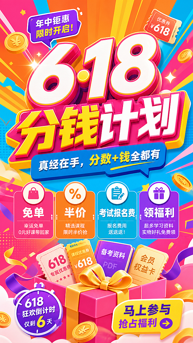 一张618营销海报，主题为"618 ·分钱计划"，下方文字内容"真经在手，分数+钱全都有"，"免单  半价 考试报名费 领福利"，整体使用多巴胺鲜艳活泼配色，现代简约营销海报风格，构图饱满重点突出