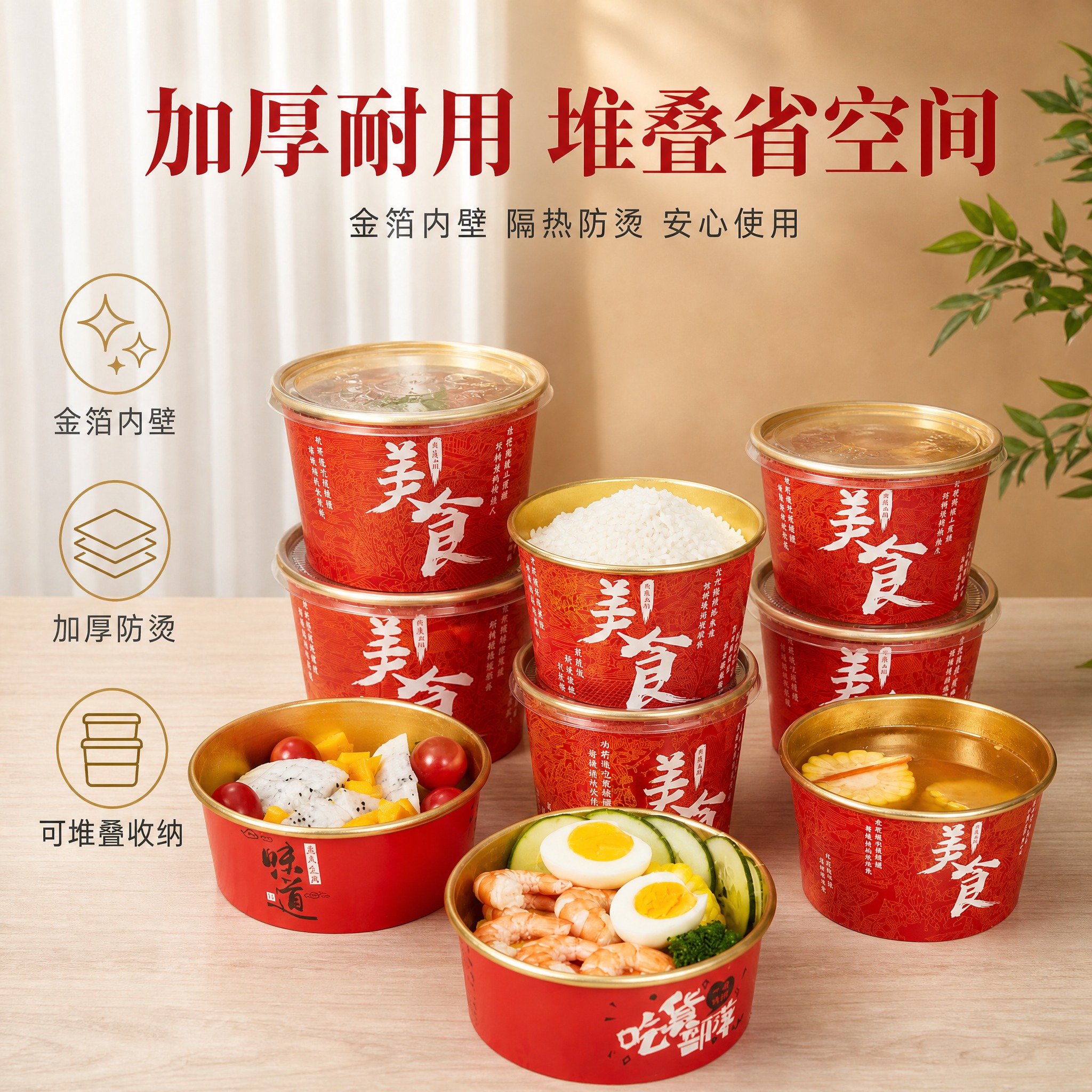 [主图-3] 金箔纸碗堆叠收纳与大容量展示，材质品质与实用性证… - 图片创意预览