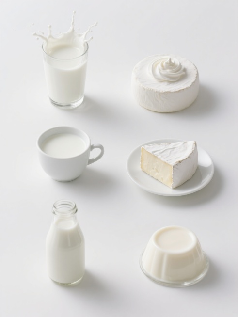 纯白纯色背景，超写实摄影风格，高清晰度，6个完全不同的奶制品元素规整排布组成系列素材集合，保持统一的明亮光源、柔和阴影和细腻质感，每个元素都具有清晰的形态结构和光滑表面，第一个是装满牛奶并带有飞溅奶花的透明玻璃杯，第二个是表面光滑的圆形奶酪块，第三个是顶部有奶油漩涡的瓷杯热牛奶，第四个是凝结成块的白色酸奶杯，第五个是表面有奶泡的玻璃瓶装牛奶，第六个是造型完整的牛奶布丁，所有元素均保持奶白色调，……预览效果