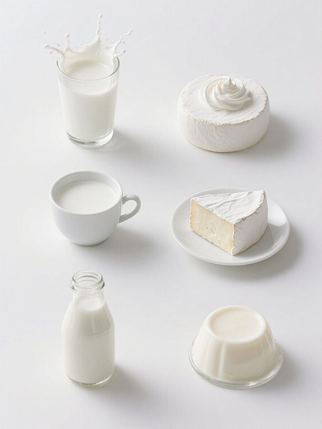 纯白纯色背景，超写实摄影风格，高清晰度，6个完全不同的奶制品元素规整排布组成系列素材集合，保持统一的明亮光源、柔和阴影和细腻质感，每个元素都具有清晰的形态结构和光滑表面，第一个是装满牛奶并带有飞溅奶花的透明玻璃杯，第二个是表面光滑的圆形奶酪块，第三个是顶部有奶油漩涡的瓷杯热牛奶，第四个是凝结成块的白色酸奶杯，第五个是表面有奶泡的玻璃瓶装牛奶，第六个是造型完整的牛奶布丁，所有元素均保持奶白色调，光影效果和谐统一，整体画面干净整洁，突出奶制品的纯净与质感。