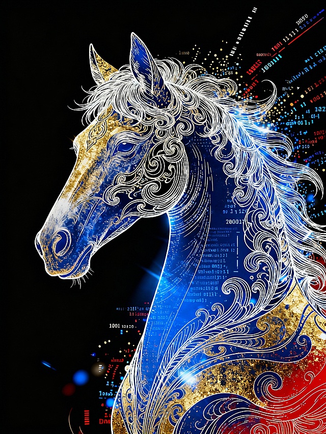 赛博朋克风马首，融合金属与鎏金质感，粒子光效交织二进制代码，浮雕纹饰勾勒梦幻轮廓，科技与唯美的极致碰撞。