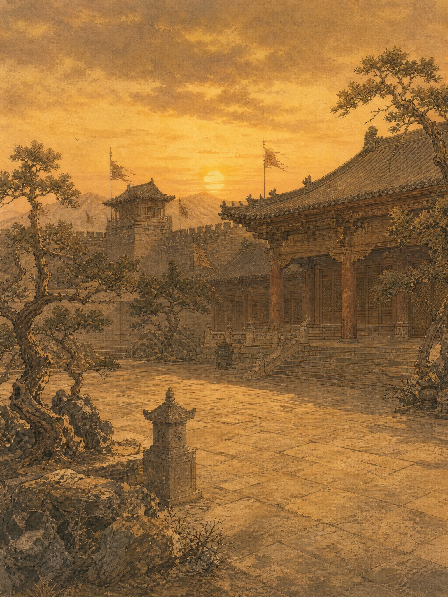 参考图中的国风工笔插画风格，宋元时期西北守卫将军府的宽敞庭院。… - 图片创意预览