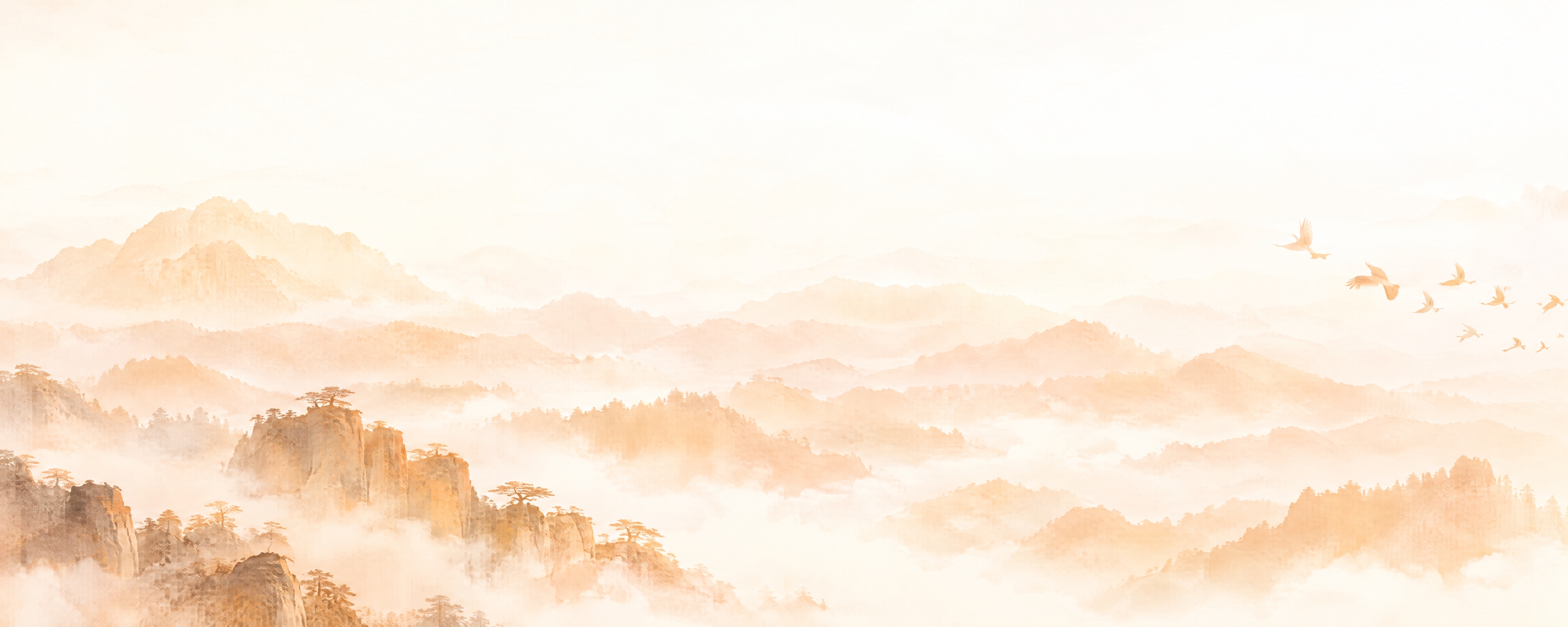参考图中的暖橙色新中式水墨山水风格，重新生成画面内容：淡雅的暖… - 图片创意预览