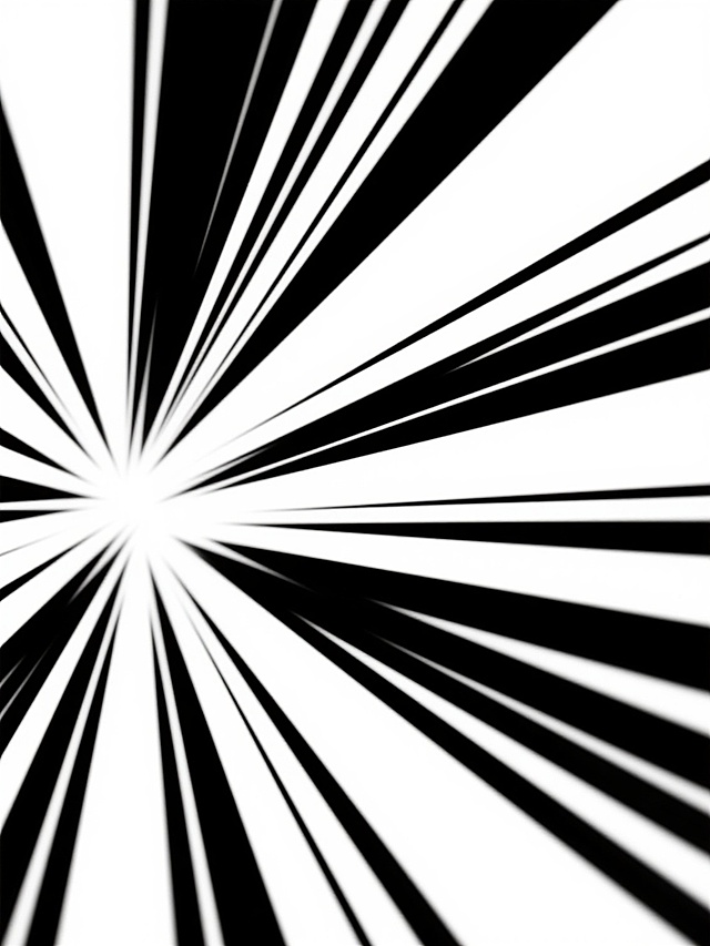白色背景上，从中心向外呈放射状分布的多条锐利黑色线条，线条粗细不一、长度各异，整体形成强烈的速度感和爆发力的视觉效果，线条从中心向四周发散，具有明显的动态张力，黑白对比鲜明，构图简洁有力，充满动感和冲击力。