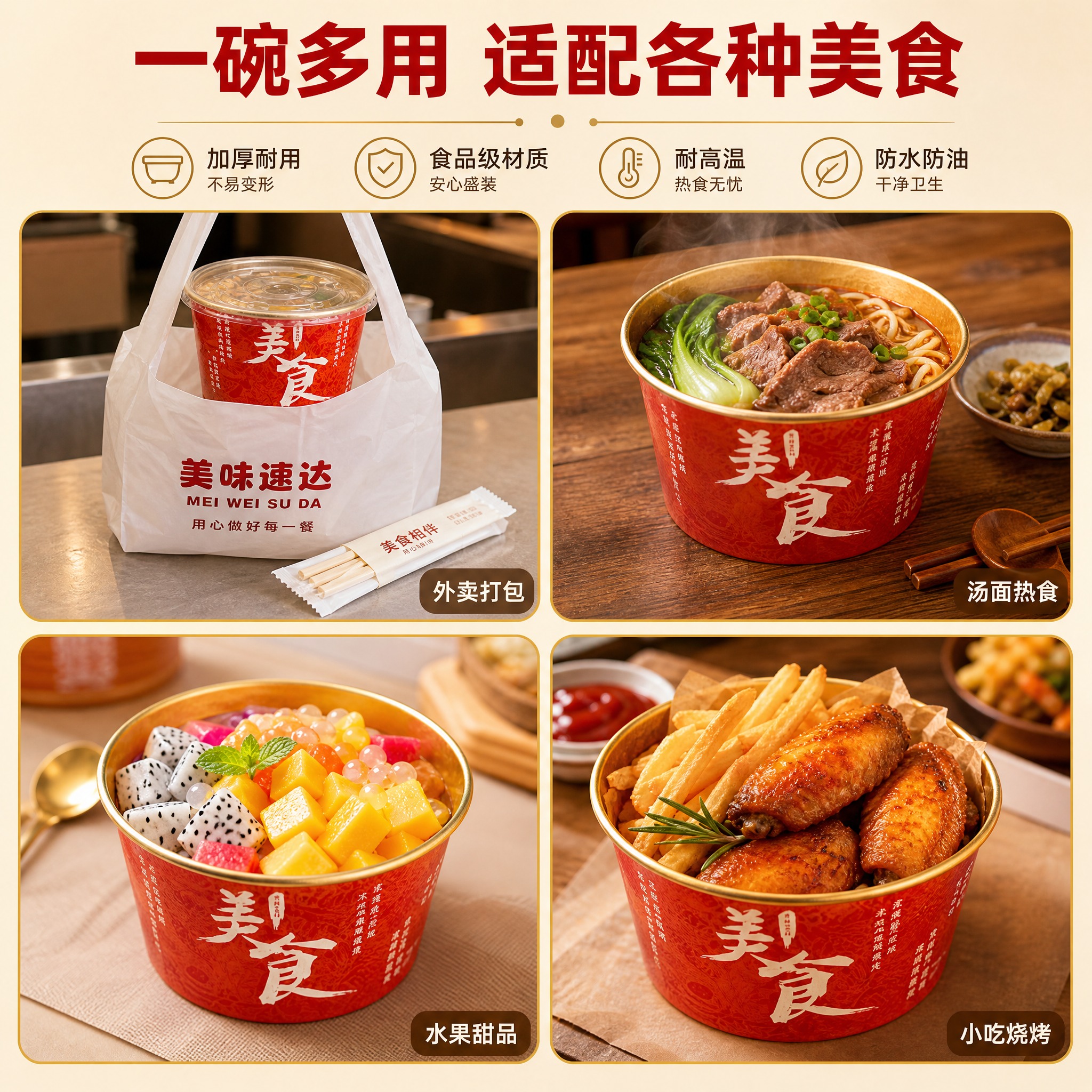 [主图-4] 金箔纸碗多场景适用展示图，展示外卖打包、堂食盛装… - 图片创意预览