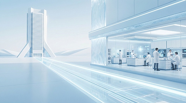 通透晶莹的光感通道贯穿画面，连接摩天大楼与智能平台研发实验室，数位科研人员在实验室里专注开展前沿研究，整体构图简洁有序，采用极简现代科技风，以白色为主、浅蓝色为辅，干净高级、未来感强烈，氛围明亮、专业、静谧，画面晶莹通透，线条利落无冗余，光影柔和细腻，饱和度适中偏高，质感精致，具备商业大片质感