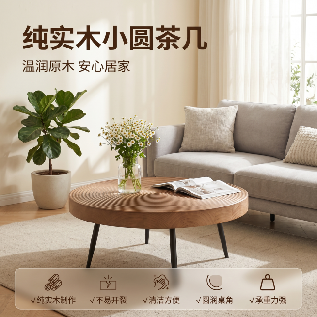 [主图 1] 实木小茶几空间场景氛围首图。[氛围风格] 温馨舒适家居治愈风，自然生活氛围感。[画质] 商业摄影质感，光线柔和通透，产品清晰真实，画面干净高级。[元素] 原木色圆形实木小茶几居中放置在温预览效果