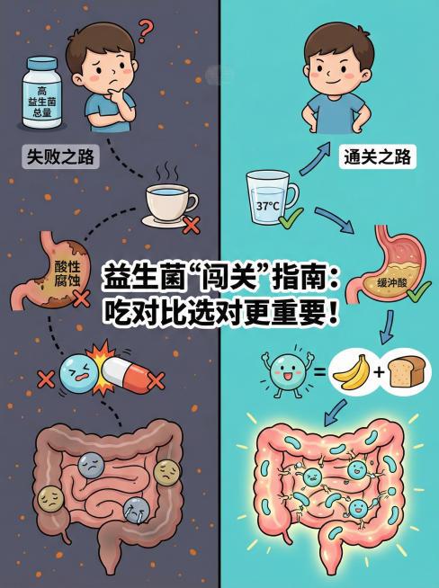 主题： 益生菌的“肠道闯关之旅”与“正确服用指南”。

风格： 采用现代、清爽的3D卡通渲染或精致矢量插画风格。整体色调以代表健康的蓝、绿色系为主，搭配温和的肠道肉粉色。画面需兼具科学的严谨性与视觉的预览效果