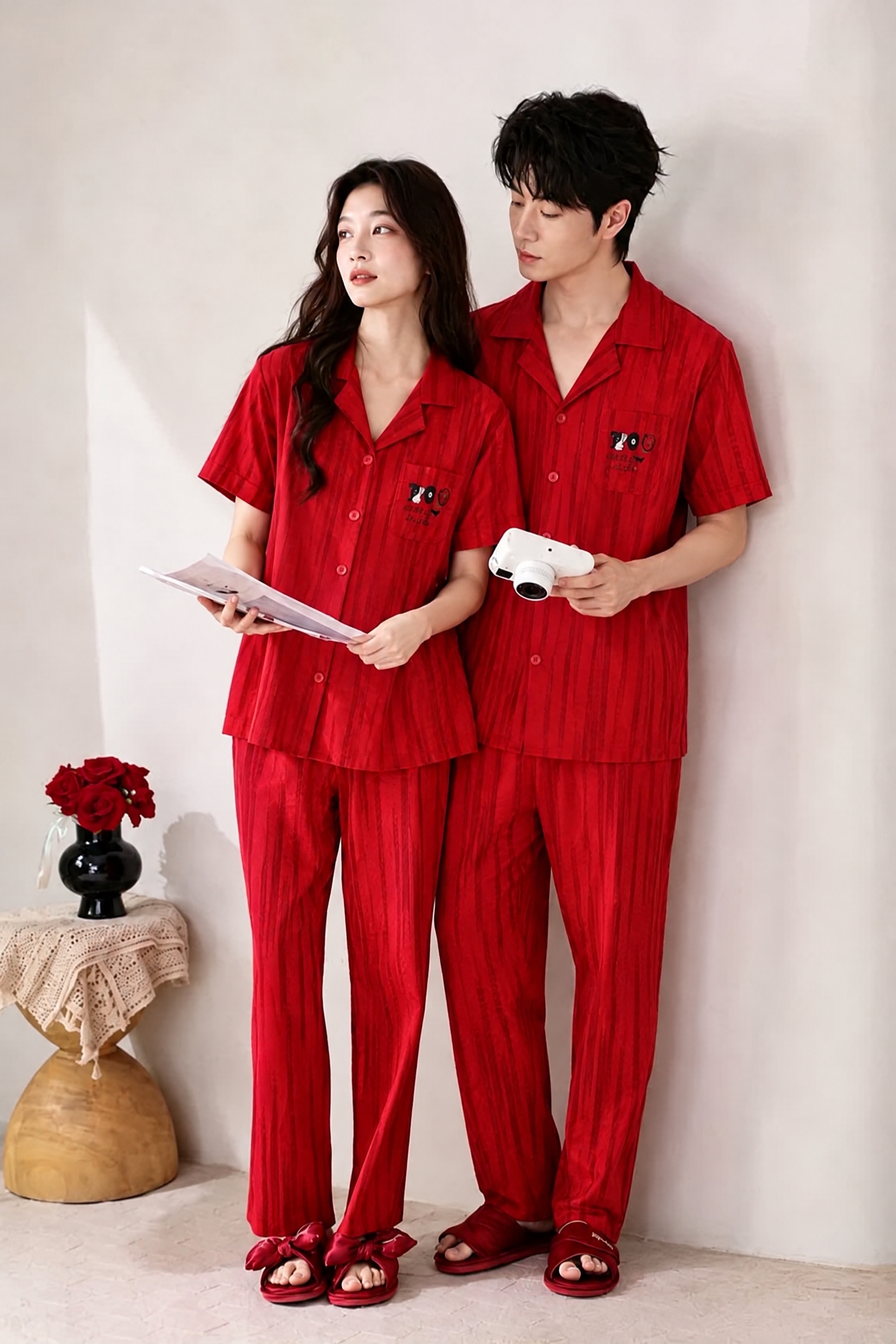 将图中男生和女生的红色睡衣长袖全部改为短袖，保持衣服的红色竖条… - 图片创意预览