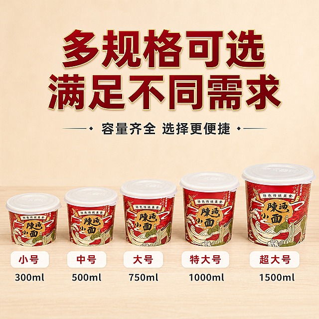 [主图-5] 多规格SKU展示图，展示不同容量规格的打包碗，帮助用户选择。
[统一基调] 整体风格专业洁净 餐饮商用质感 背景以浅木色+暖米色为主 标题字用深红金配色 辅助文字用深灰色 强调色为朱红 字体为粗黑体+常规黑体 字号层级分明 卡片用圆角浅底轻阴影 无平台Logo无水印
[画面] 浅米色背景上 五只不同大小规格的金箔铝箔打包碗从左到右由小到大整齐排列 全部带盖 碗身保持原图红金印花设计 每只碗下方对应标注容量规格 从小号到特大号 展示丰富的尺寸选择 产品占画面约65% 排列整齐有秩序感
[光影质感] 商业摄影质感 均匀柔光 每个碗的光影一致 阴影自然 碗身印花清晰 铝箔盖反光均匀
[配色] 背景浅米色 产品红金配色 规格标签用白底红字 整体干净整齐
[文字版式] 顶部大标题 多规格可选 满足不同需求 每个碗下方标注容量名称 如 小号 中号 大号 特大号 超大号 下方配一行小字 容量从300ml到1500ml 文字清晰对齐
[输出要求] 比例1:1 文字清晰可读 产品清晰不变形 排列整齐 无错字 无杂乱背景 无水印 无平台Logo