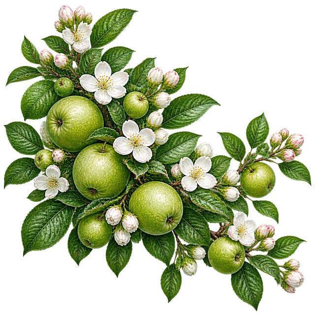 参考图中茉莉花的写实手绘插画风格，生成一束青苹果枝条素材，包含多颗青绿色苹果果实、带深绿色油亮叶片的苹果枝条、若干小苹果和苹果花苞，枝条自然舒展向四周延伸，整体形态与参考图茉莉花束的舒展构图感呼应，透明背景，超高清细腻质感，写实植物插画风格，光影柔和自然，叶片纹理清晰有光泽，青苹果表皮质感真实细腻带自然果霜，与参考图的绘画笔触、光影表现、植物写实风格完全保持一致
