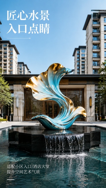 [第3屏] 场景展示页，展示蓝金渐变浪花雕塑在小区入口水景处的实际应用效果。本屏使用【图5】作为产品主体。
[氛围/风格] 高端住宅小区入口场景，自然清新氛围，实景商业摄影质感。
[元素布局] 蓝金渐预览效果