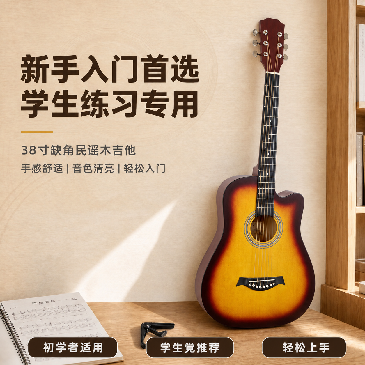 复刻参考图的完整电商主图版式，仅将画面中的蓝色吉他替换为日落渐… - 图片创意预览
