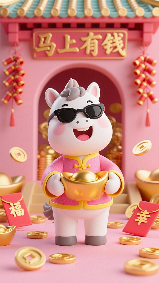 软3D风卡通小马戴墨镜，穿国潮唐装，手持金元宝，背景中式门楼挂红灯笼，满地金币红包，喜庆可爱，鎏金质感尽显节日财运。