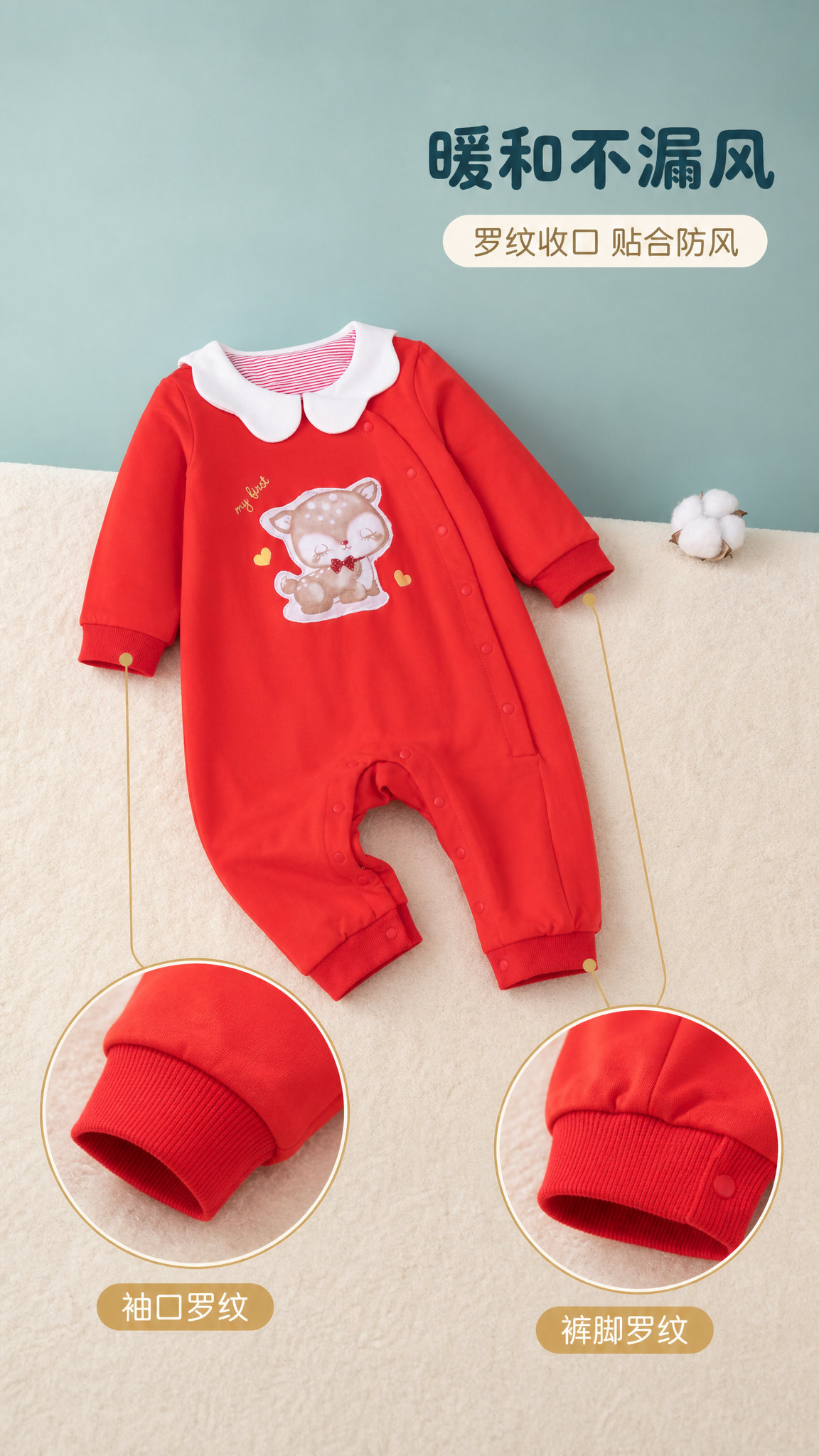 红色长袖连体爬服功能细节图，衣服正面平铺于奶油白绒布台面，画面… - 图片创意预览