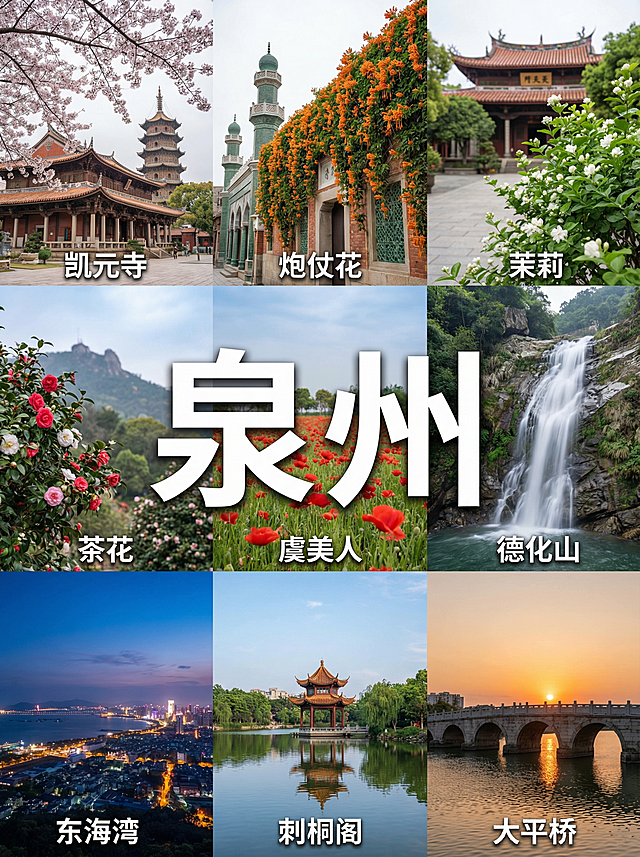 的任务
帮我制作5份由地区特色景象结合出来的风景宣传照片，并在图片中心用文字标上主要地点（只要一个），宣传照片由当地景色的2张或者4张或者6张或者9张照片结合而成
#备注
要求图片写实，使用香蕉2.0，图片比例3:4，且不要出现任何人的正面照。
#备注
在标记地点时，只需要有地点就行，比如：
江苏·同里——江南古镇慢节奏
就只需要在拼图中间有：江苏·同里就行

#具体地点
需要阅读以下文章来提取

汉中 
潮州
泉州 
文昌