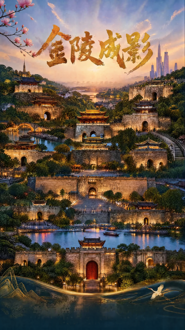 「图片1」帮我生成一张海报，背景要求是囊括了南京的13道城门，把它连续起来。参考图片为上面的图片风格参考画风参考尽量以实体为主，体现高级感，颜色色彩丰富一点预览效果