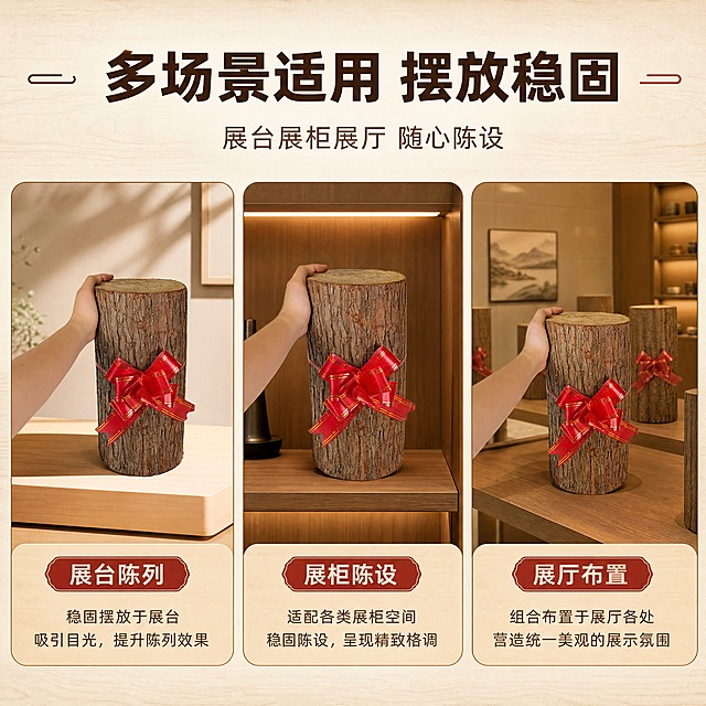 [商品] 使用【图2】手扶杉墩木段的场景图；保留杉墩木段的圆柱形结构、树皮纹理、红色金边蝴蝶结、手扶动作；修复背景杂物，使产品摆放平稳，手部姿态自然。
[画面] 页面目标：多场景应用展示，体现摆放稳固与广泛适配性。构图：三宫格拼图形式，分别展示展台、展柜、展厅三个场景。每格中杉墩木段作为陈列道具使用。主体在每格中占比约40%。三个场景分别为：展台陈列、展柜陈设、展厅组合布置。
[视觉] 套系策略：风格=文创雅致商业摄影风；标题字=阿里巴巴普惠体粗体；正文字=阿里巴巴普惠体常规；主色=暖木棕；背景延展=基于暖木棕做米白到浅棕的同色系渐变、细腻木纹纸质感；强调色=朱砂红，仅用于小面积装饰线、标签和重点文字高亮；标题色=深棕褐；正文色=暖灰棕；组件=圆角浅木色信息卡、细金线引线；光影=每格均为暖调柔光，整体色调统一。
[文字] 顶部主标题"多场景适用 摆放稳固"，副标题"展台展柜展厅 随心陈设"。三宫格下方分别标注「展台陈列」「展柜陈设」「展厅布置」，文字横向排版，字体清晰易读。
[规格] 图片比例1:1，4K，负向提示：避免变形、错字、文字过小、冷蓝背景、产品颜色改变、出现天然/环保/原生态等极限词、出现淘宝平台违禁词、出现小标致图案。
