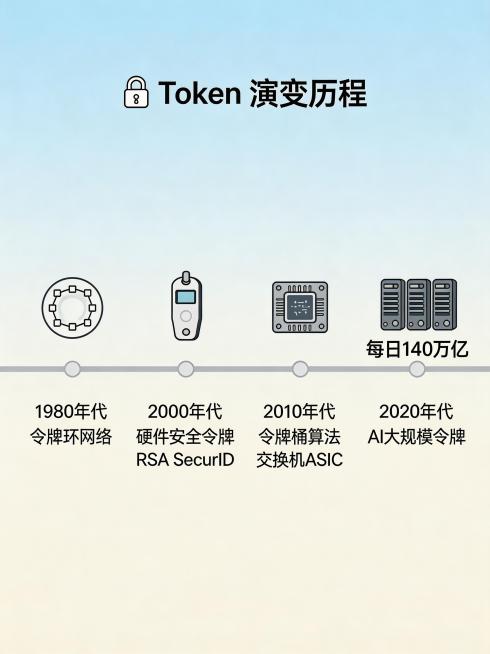 扁平化设计的水平时间线信息图，展示Token的演变历程。从左至右依次为：令牌环网络（1980年代）、硬件安全令牌（RSA SecurID，2000年代）、交换机ASIC中的令牌桶算法（2010年代）、预览效果