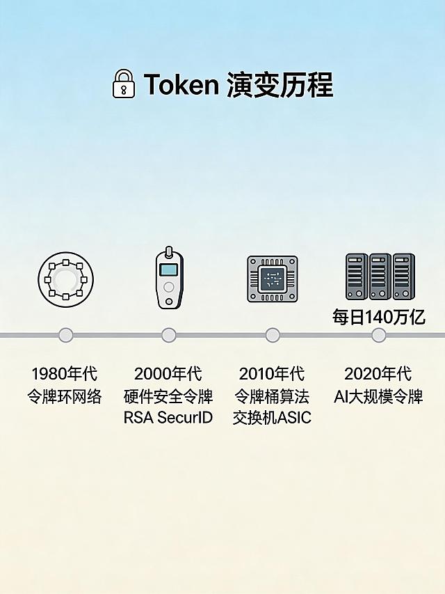 扁平化设计的水平时间线信息图，展示Token的演变历程。从左至右依次为：令牌环网络（1980年代）、硬件安全令牌（RSA SecurID，2000年代）、交换机ASIC中的令牌桶算法（2010年代）、大规模AI令牌在GPU集群中的应用并标注“每日140万亿”（2020年代）。背景为淡色渐层效果，极简矢量艺术风格，布局简洁，现代扁平化设计。