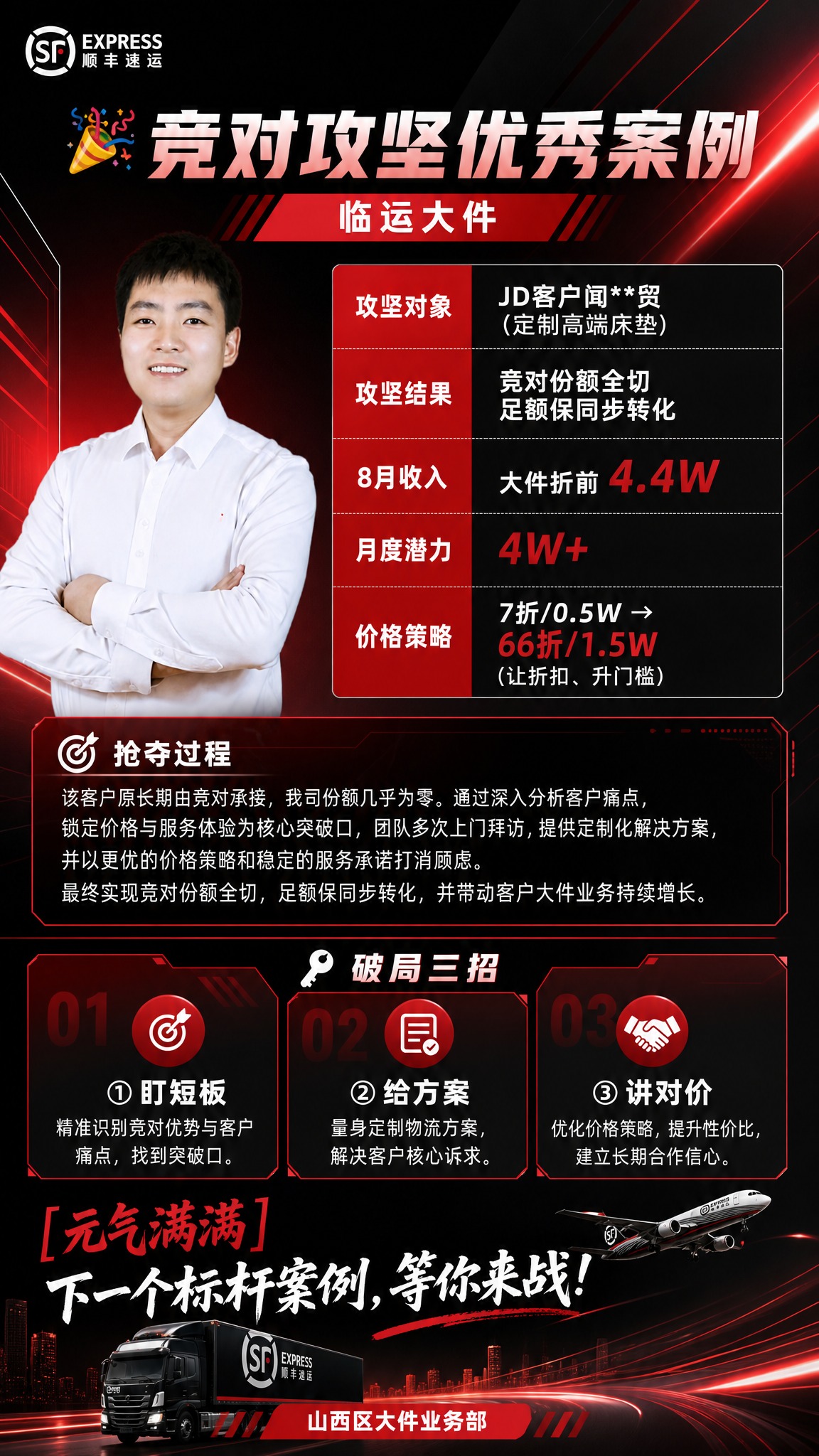 设计一张顺丰风格的竞对攻坚优秀案例喜报海报，竖版，整体采用顺丰… - 图片创意预览