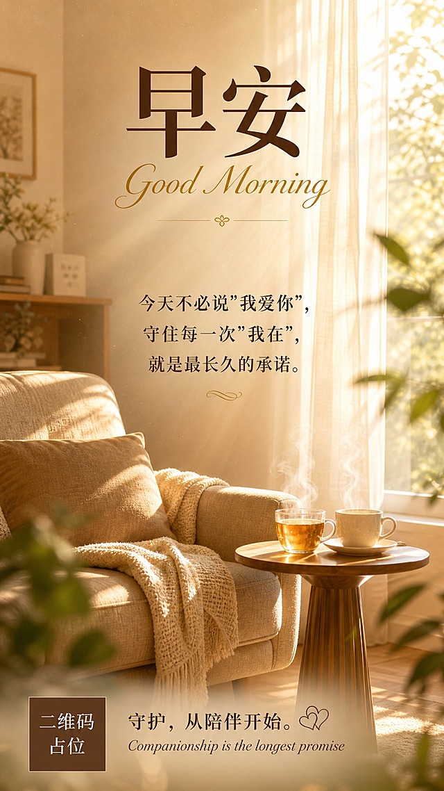 一张竖版早安主题情感海报，写实商业摄影风格，温暖治愈氛围。画面主体：窗边一张奶咖色布艺沙发，沙发旁的小边几上放着两杯冒着热气的热饮（一杯茶水、一杯咖啡），杯口升腾着轻柔的白色蒸汽。光线：清晨7点的侧逆光从窗户斜射进来，形成金色光晕和丁达尔效应，阳光穿过纱帘洒在沙发和地板上，拉出长长的暖金色光影，空气中漂浮着细微的尘埃颗粒在光束中闪烁。色调：奶咖色、暖金色、浅米色为主色调，整体温暖柔和，低饱和度高级感。画面构图：沙发位于画面中下部偏左，窗户在右侧，留出上方和右侧的负空间用于排版文字。前景有轻微虚化的窗纱或植物叶片增加层次感，背景是柔和的室内光影。文字排版：画面上方居中位置用端庄宋体书写主标题"早安"两个大字，字体颜色为深咖色；主标题下方用英文衬线斜体书写"Good Morning"，颜色为暖金色；画面中部偏下位置用宋体书写金句"今天不必说"我爱你"，守住每一次"我在"，就是最长久的承诺。"，文字颜色为深咖色，行间距舒适；画面底部用稍小的宋体书写"守护，从陪伴开始。"，旁边配有英文斜体"Companionship is the longest promise"。整体版式精美，文字与画面和谐统一，留白充足，高级感满满。画面中所有二维码区域使用纯色方块占位符呈现，方块中央标注"二维码占位"文字，严禁生成任何可识别的二维码图案。画面中所有信息区域必须填充完整合理的内容，不得出现空白框、空白占位、横线待填写区域、空列表项、空单元格；确保是完整可用的成品海报而非待填写模板。