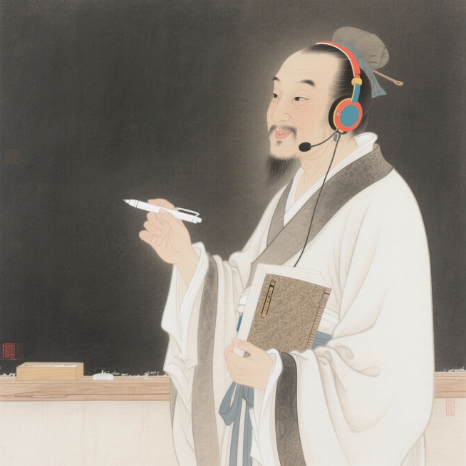 夫子（戴着现代教师耳麦，拿着白板笔和书），站在一块空白的黑板前，元素完整。主体明亮色调预览效果
