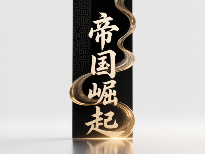 竖向浅色文字"帝国崛起"，墨黑+鎏金（经典典雅）配色； 艺术体，用藏纹元素装饰，竖画融入水流曲线，轻微晕染，字体连笔，字下方加浅金色阴影，字上方用藏纹元素装饰；预览效果