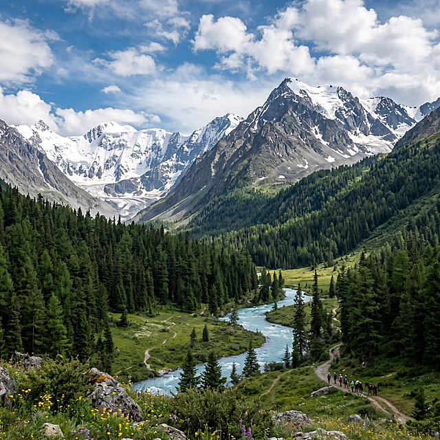 实景感与清新感交织的自然风光，雪山巍峨，溪流蜿蜒，绿林如织，野花点缀，营造出静谧唯美的视觉氛围，兼具文艺感与清透肌理风格。