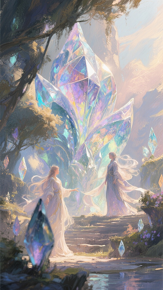 梦幻水晶森林中，两位仙子轻舞于光之阶梯，晶莹巨花绽放神圣光芒，插画风厚涂技法融合水彩柔光，营造唯美元素与静谧超现实意境。
