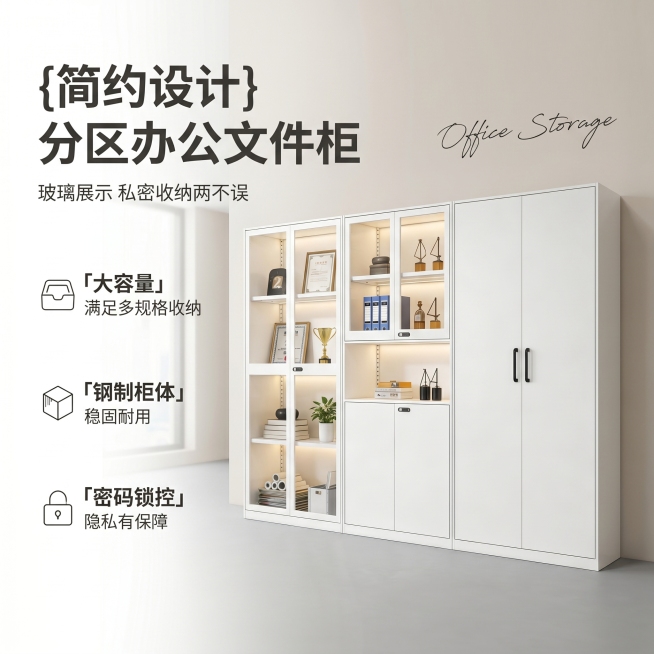 [单张主图] 白色办公文件柜，高级氛围感主图，卖点设计版。
[画面主体] 保持原文件柜外观、物理结构、材质质感、颜色与输入产品图完全一致，杜绝任何变形色差，产品主体占画面约50%，放置在画面中下方，正预览效果