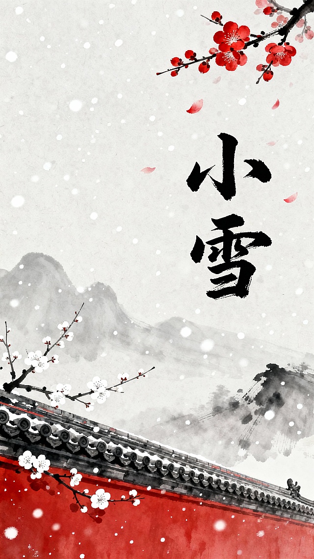 中国传统水墨风格小雪节气海报，淡雅灰白色调背景，飘落的细密雪花营造宁静氛围，右下角红色宫墙屋顶，灰黑色瓦片与红色墙面形成鲜明对比，墙面上点缀着几枝白色梅花，枝干纤细，花朵小巧精致，右上角是盛开的红色梅花枝，花瓣饱满，有花瓣飘落，背景是淡雅的水墨远山，朦胧写意，画面右侧中央是苍劲有力的黑色“小雪”书法大字，整体构图遵循中国传统美学，留白恰到好处，视觉层次分明，传递出冬日的静谧与诗意。