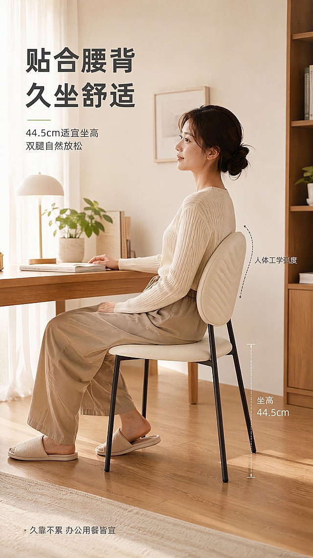 [第5张] 沉浸体验页-模特坐姿使用白色款贝壳椅，展示靠背贴合度与坐感。本张使用【图1】白色款作为产品主体。
[氛围/风格] 温馨居家生活风，自然暖光，舒适松弛感，真人使用场景。
[元素布局] 画面中央偏右：一位年轻女性侧身坐在白色贝壳椅上，背部轻靠椅背，手搭桌面，姿态放松自然；椅子置于书房/化妆桌场景中：浅木书桌+桌面绿植+台灯+书籍；背景为奶油白墙+原木色地板+柔和窗帘；产品结构颜色与输入图白色款完全一致。
[光影质感] 左侧窗边自然光，暖调柔和，人物与椅子有自然投影，整体明亮温馨。
[配色色系] 全局底色 #F7F3ED（暖米白）；主色奶白+浅木色；辅助色暖灰+米棕；点缀色绿植绿。
[视角构图] 侧面45°视角，中景景别，人物与椅子为视觉中心，阅读动线从人物坐姿→椅子→文案。
[文字版式] 左上标题区：主标题「贴合腰背 久坐舒适」，副标题「44.5cm适宜坐高 双腿自然放松」；椅子靠背处有弧线标注「人体工学弧度」；坐高位置虚线标注「坐高44.5cm」；底部小字「久靠不累 办公用餐皆宜」；字体柔和黑体，字色深灰。
[比例分辨率] 9:16竖版比例，4K分辨率，文字清晰可辨，高清画质。
[负向提示词] 人物变形，椅子结构错误，颜色偏差，水印，文字过小，场景杂乱，产品比例失调。
