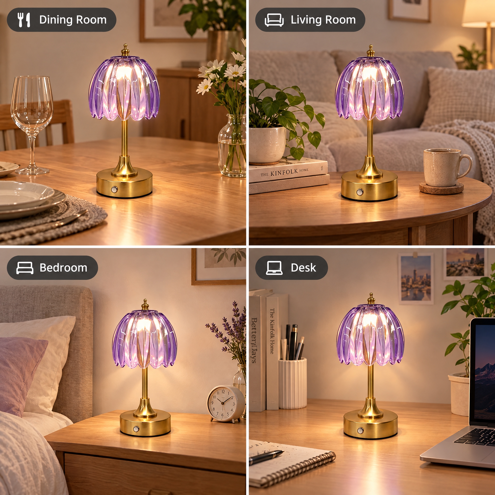 生成一张1:1比例的4宫格图片，四个格子分别展示同一盏紫色玻璃… - 图片创意预览