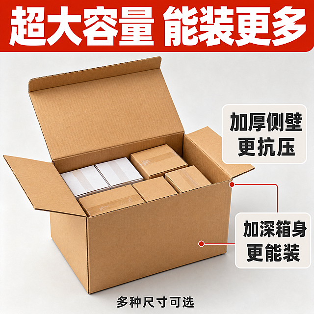 [主图-2] 特硬加厚瓦楞纸箱 容量与结构展示 拼多多风格。
[统一基调] 拼多多风格 大字直白 高性价比感 暖橙红主色调 白色粗黑标题字 深灰辅助字 红色强调色 粗黑体字体 大号标题 中号卖点 圆角信息卡 满版无边框构图。
[画面] 特硬加厚瓦楞纸箱开盖状态 正面45度角视角 箱盖向上打开 内部空间完整展示 箱内整齐码放着几个小型快递包裹或纸盒 体现大容量能装。纸箱占画面约60% 位于画面中央偏下。背景为浅灰色 干净简洁。画面上方和右侧留负空间放文字。用两条细引线分别指向箱体侧壁和底部 标注加厚结构。
[光影质感] 商业摄影质感 主光从上方偏左照射 箱内有自然光照 内部空间明暗层次清晰 瓦楞纸内壁纹理可见 箱盖打开角度自然 边缘整齐 底部投影真实 产品落地稳定。
[配色] 背景浅灰色 标题白色粗黑字配红色底块 辅助字深灰色 引线和标注用橙红色 纸箱保持牛皮纸原色 箱内物品颜色柔和不抢主体。
[文字版式] 画面顶部大标题"超大容量 能装更多" 粗黑体大号 白色字配红色通栏底块。右侧中部两个卖点框 圆角矩形浅灰底 分别写"加厚侧壁 更抗压"和"加深箱身 更能装" 深灰色字。引线末端小圆点连接到对应部位 文字标注清晰。底部小字"多种尺寸可选" 深灰色。
[输出要求] 1:1正方形 2048x2048 文字清晰可读 产品清晰不变形 禁止出现拼多多logo水印平台标识 禁止错字模糊杂乱 禁止极限词 禁止人物 禁止悬浮穿模。