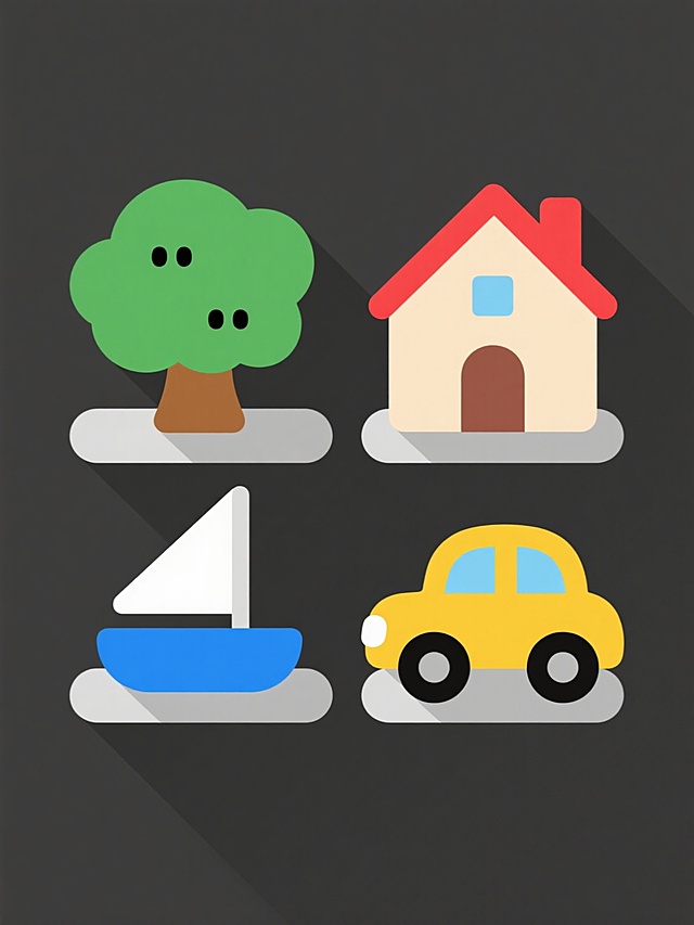 四个不同色彩主题的系列素材集合，每个素材均为扁平化风格的独立图标，元素类目分别为：红色屋顶米色墙面的独栋房屋、绿色树冠棕色树干的卡通树木、蓝色船身白色船帆的简约小船、黄色车身黑色车轮的可爱小汽车，均采用纯色背景、简洁轮廓线条、平滑色块填充、统一的光影处理（底部浅灰色阴影）和一致的卡通化设计语言，四个图标呈田字格规整排布，整体保持高度的风格统一性与视觉协调性。