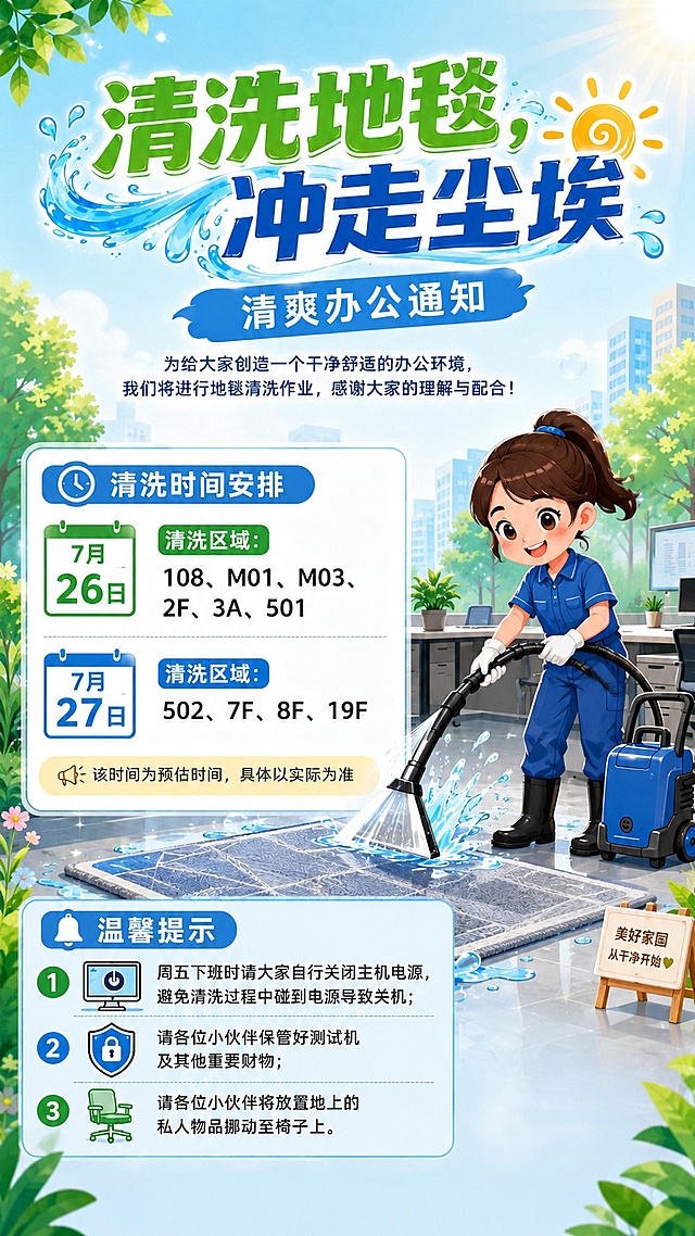 「图片1」把右下角的“二维码占位”去掉；把最底下那句话去掉；工作人员换成可爱的女生，工服、工帽、工作机器都不要出现物业服务的字眼