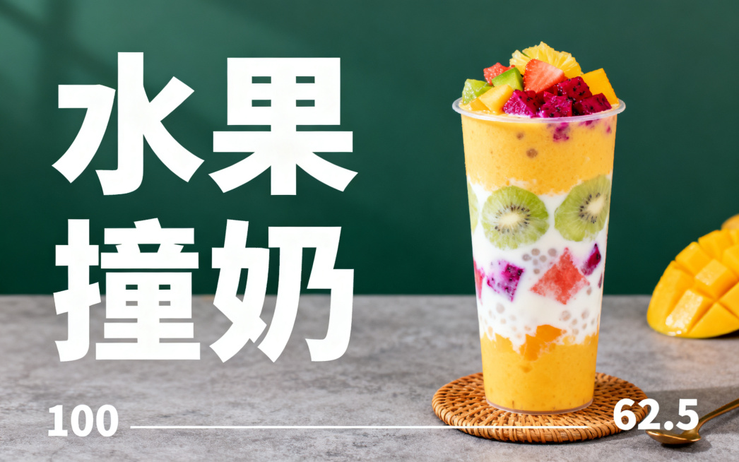 一张商业海报，标题是"水果撞奶"，画面右侧放置一杯色彩鲜艳诱人的水果撞奶饮品实物图，左侧是醒目的"水果撞奶"四个大字，整体画面饱满干净大气，风格简约高级，100单位长度比62.5单位宽度，构图布局工整预览效果