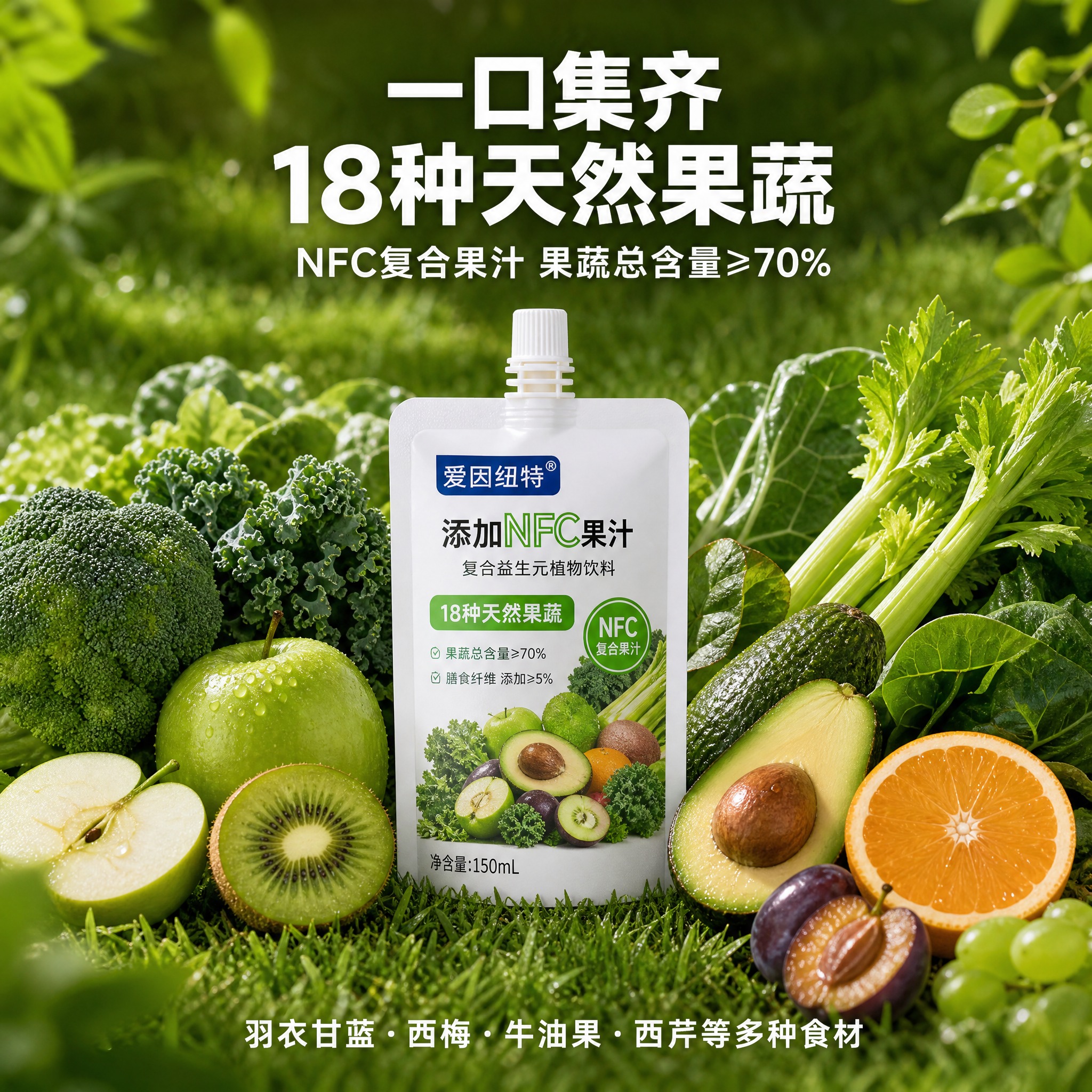 [主图-3] 食材集合图，绿色草地背景，果蔬环绕产品，突出18… - 图片创意预览