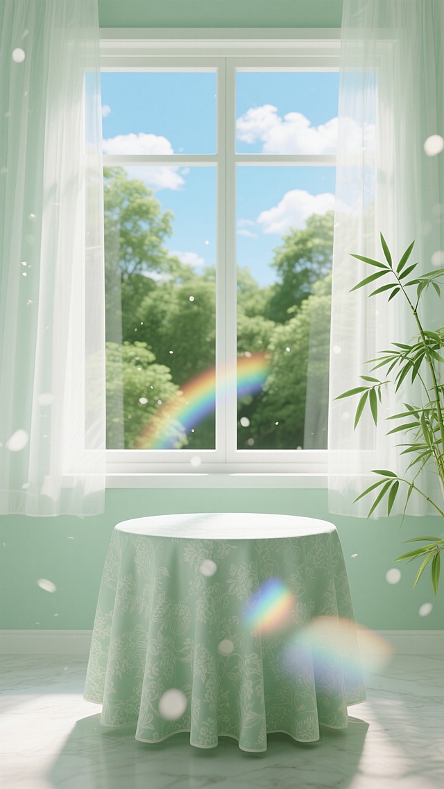 明亮通透的窗台场景，柔和的自然光透过半透明的白色纱帘洒入，空气中漂浮着细微的光尘，形成炫目的光晕和彩虹般的光斑效果。浅绿色的窗台背景墙，窗外可见郁郁葱葱的绿色树木和湛蓝的天空，几朵白云点缀其间。窗台中央摆放着一个铺有浅绿色带有精致花纹桌布的圆形展台，展台左侧边缘点缀着几片新鲜的绿色竹叶，整体色调清新自然，营造出宁静、舒适、充满生机的氛围，3D渲染，超写实质感，高清细节，柔和光影，极简风格。