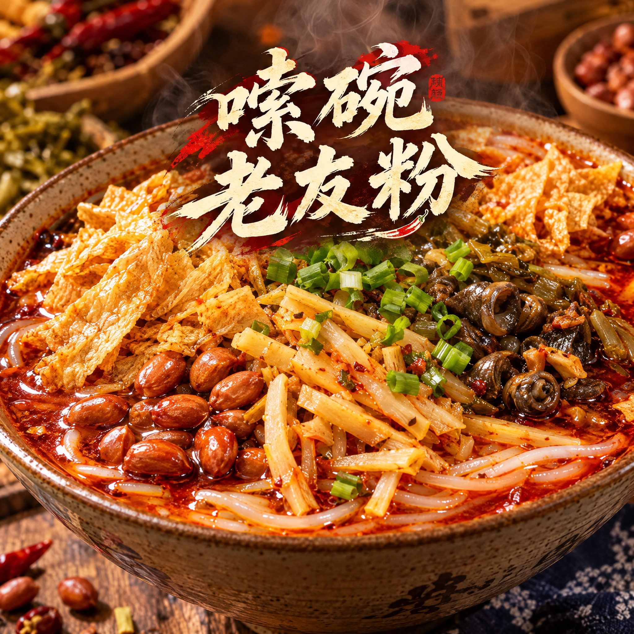 美食摄影风格头像，一碗诱人的螺蛳粉特写，红亮的汤汁，酸笋、花生… - 图片创意预览