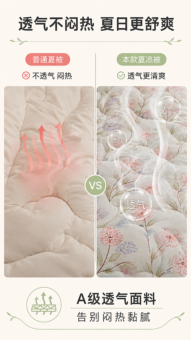 [第5屏] 透气卖点-透气性对比展示。
[氛围/风格] 对比清晰，直观易懂，专业品质展示风格。
[元素布局] 左右分栏对比展示：左侧为普通夏被，标注"不透气 闷热"，右侧为本款夏凉被，标注"透气更清爽"。本款夏凉被保留原图碎花面料和材质质感，透气效果用轻烟和小气泡元素示意，不改变产品本身图案和颜色。两栏都放置在米底色上，用浅绿线条分隔。
[光影质感] 均匀明亮布光，左右对比清晰，产品细节不模糊。
[配色色系] 全局底色：#F8F5F0（米白）；主体配色：#F0B7B3（浅粉花朵）+ #C6D5A9（浅绿叶）+ #8E6F60（棕色枝茎）；文字：#2C2C2C（深灰），标注分别用红色和绿色区分。
[视角构图] 左右对称对比构图，信息层级清晰。
[文字版式] 顶部主标题 "透气不闷热 夏日更舒爽"，左右分栏标注对比，下方总结卖点 "A级透气面料 告别闷热黏腻"，排版清晰易读。
[比例分辨率] 9:16 竖版比例，2k分辨率，文字清晰可辨，超高清。
[负向提示词] 变形，水印，文字错乱，颜色偏差，对比模糊