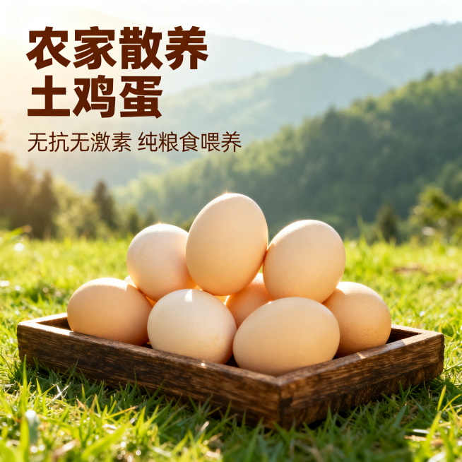 [主图 1] 农家散养土鸡蛋首图；
[氛围风格] 淳朴原生态生鲜农产品风格，简约高级，天然健康氛围；
[画质] 商业摄影质感、光线柔和通透、产品清晰真实、画面干净高级，高清细节，色彩柔和，留白合理。预览效果