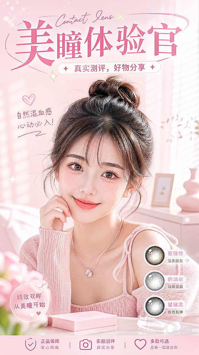 美瞳体验官宣传海报，画面中心是年轻甜美女模特佩戴自然混血美瞳，微笑看向镜头，背景是淡粉色ins风场景，上方显眼位置写有大字"美瞳体验官"，下方配有小字"真实测评，好物分享"，整体风格清新甜美，适合社交媒体传播