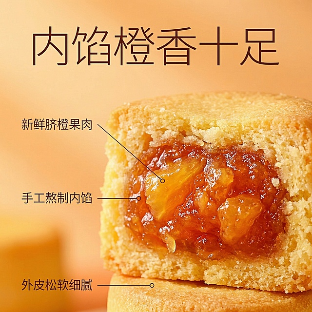 [主图 2]赣南脐橙酥内馅细节主图，高饱和吸睛风格，食欲满溢；画面以微距特写呈现切开的脐橙酥剖面，突出饱满橙红色内馅和颗粒果肉纹理，外皮金黄蓬松，自然暖逆光打在切面上，凸显果肉通透质感和外皮松软气孔；背景为浅暖橙色渐变虚化，突出主体细节；主色调橙黄，高饱和对比；平视微距视角，主体占据画面中心80%区域；主标题文案 "内馅橙香十足"，三个引线标注分别标注 "新鲜脐橙果肉" "手工熬制内馅" "外皮松软细腻"，字体为细无衬线体深棕色，引线纤细清晰，对应各部位标注；保持风格统一，不出现价格信息；2k分辨率