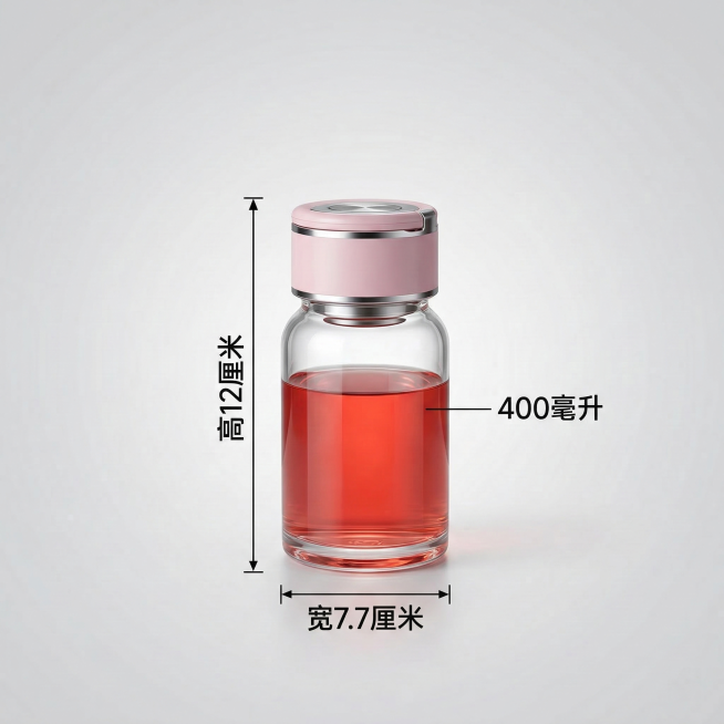 SKU图标，粉色盖玻璃水杯，标注高12厘米、宽7.7厘米、400毫升，产品主体居中突出，光影层次分明，背景干净简洁，1:1正方形比例，商品图风格预览效果